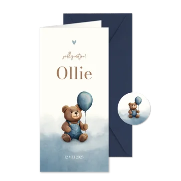 Lief geboortekaartje teddybeer met ballon blauwe waterverf